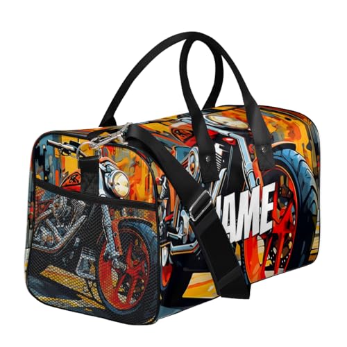 Personalized Colorful Motorcycle Travel Duffel Bag with Name, Custom Gym Sport Bag Modern Art Carry On Weekend Overnight Duffel Bag for Men Women3