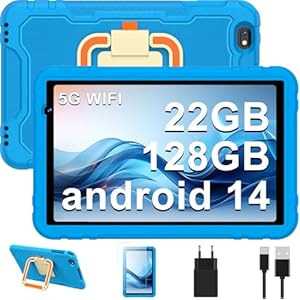 Tablet Niños 10 Pulgadas, Android 14 con 5G Wifi, 22GB RAM+128GB ROM | Control Parental | 8000 mAh | 8 Core | 5MP+8MP | Protective Antichoque Eva Estuche Protector + Soporte giratorio de 360° – Azul