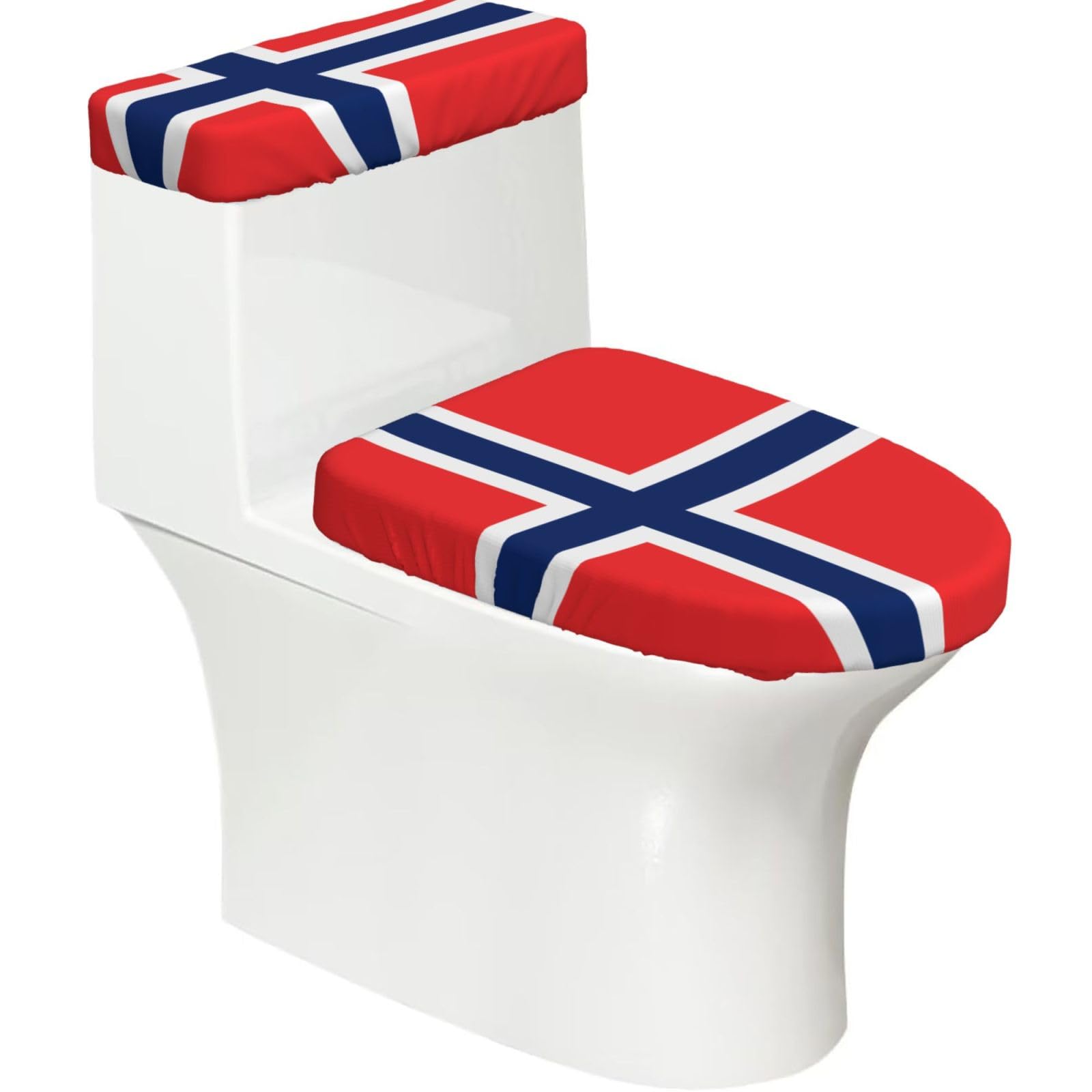 Norwegian Flag Elastic Toilet Cover Set of 2-Stretchy Lid and Tank Covers for Bathroom, Soft Washable U Shape Toilet Decor