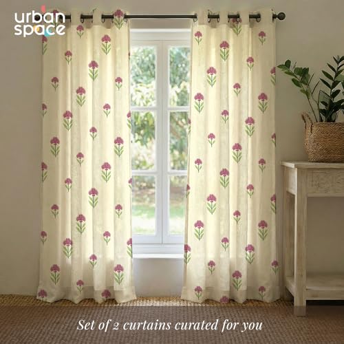 Image of Urban Space 100% Cotton Floral Curtains 7 feet Long Set of 2, 60-65% Room Darkening, Decorative Curtains with Eyelets /Rings for Hanging, Tieback Included (Aster Pink, Door - 7 Feet)