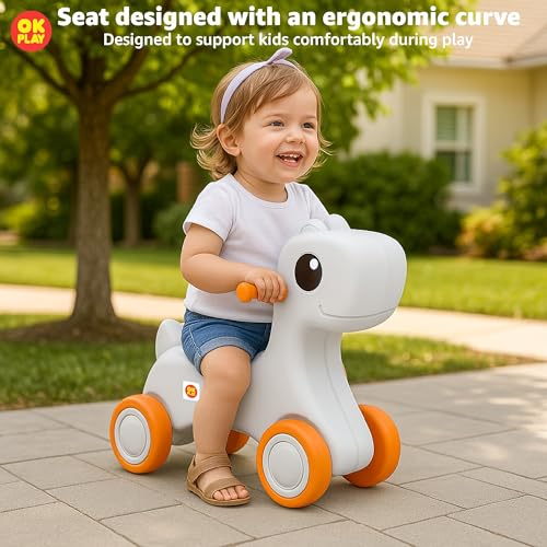 Image of OK PLAY Pony Ride On Push On for Kids | Backrest | Easy Grip | Anti Skid | Four Wheel Ride | Baby Ride On | Indoors and Outdoors Games | Light-Weight | Durable | Small | Orange & Ivory | 1 Years+
