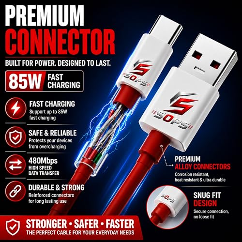Image of 8A Type C Cable | 80W Charging Type C Cable | 8-Amp Vooc Supported Fast Charging Data Cord | Red Colour Tangle Free 1 Meter SuperVooc Dart Compatible Wire