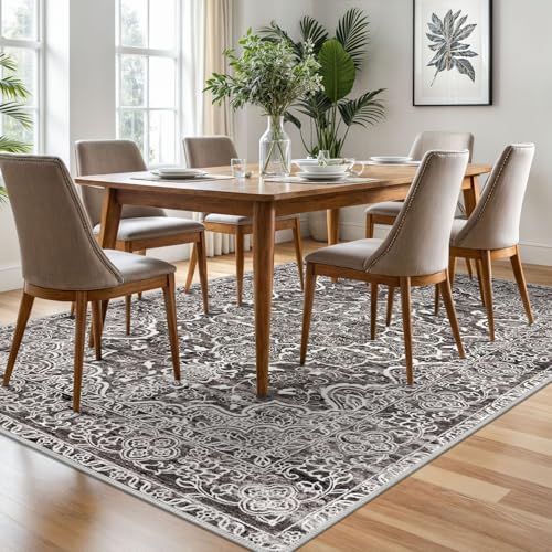 KUTA Living Room Rug 6x9 Tan, Washable Large Area Rugs 6ft x 9ft, Non-Slip Boho Printed Vintage Dining Room Carpet, Indoor Low-Pile Cozy Room Throw for Office Bedroom
