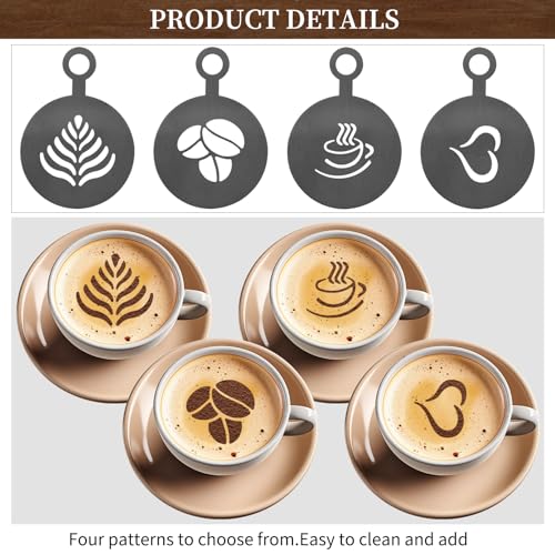 4 Pcs Stainless Coffee Stencils Latte Art,Latte Art Stencils,Lattes Stencilss with Various Patterns for Cappuccino Chocolate Lattes Cake Decorating Coffee Shop and Home Use (Black)