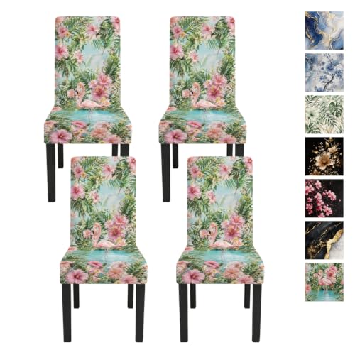 Image of Pink Flamingo Dining Chair Covers Set of 4, Tropical Slipcovers