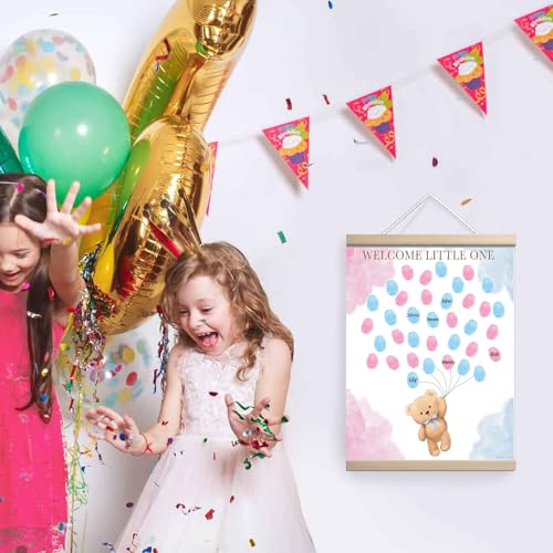 Image of QZCYU Bear Theme Baby Gender Reveal Decorations, Baby Shower Guest Book Party Ideas, Gender Reveal Fingerprint Tree, Canvas Thumbprint Hanging Paintings