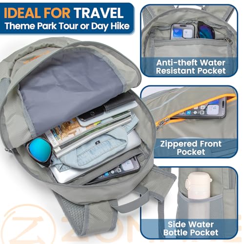 Image of ZOMAKE Ultra Lightweight Packable Backpack 25L, Foldable Hiking Backpacks Water Resistant Small Folding Daypack for Travel(Silver Grey with Orange Zipper)