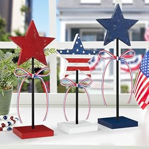 4th of July Tiered Tray Decor Wooden Star Set 3 Pcs Memorial Day Table Decorations Rustic Patriotic Tabletop Home Decor Red White and Blue Decorations for Home Retro