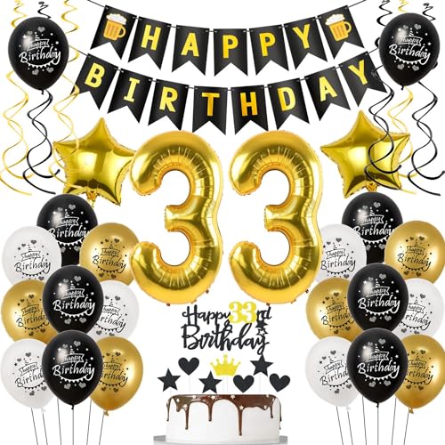 Décoration Anniversaire 33 Ans - Ballons Noir et Or pour Homme et Femme - Déco Gâteau