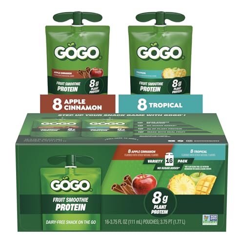 GOGO 8g Protein Variety Pack Apple Cinnamon and Tropical Fruit Smoothie On The Go 3.75 fl oz Pouches (Pack of 16) Gluten Free Recloseable Cap BPA Free