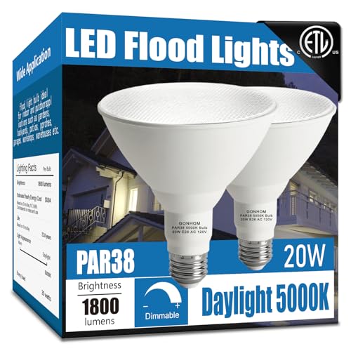 Gonhom Par38 led Flood Lights Outdoor Light Bulb 2 Pack,Dimmable 5000K Daylight 1800LM,20W Replace up to 200W,Outdoor Flood Light Bulbs for Backyard,Garage,Porch,Garden