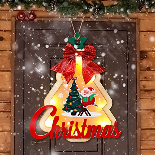 13 Zoll LED Lichter Weihnachtsbaum Kranz Türschild Dekoration Batteriebetrieben Beleuchtet Holz Hängeschild für Haustür 3D Weihnachtstür Dekorationen Weihnachtsschilder für Veranda für Innen Außen Cover