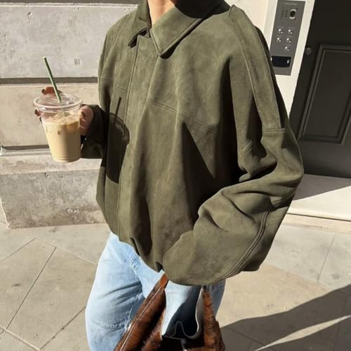 Women's Faux Suede Bomber Jacket Long Sleeve Oversized Varsity Jacket Autumn Casual Pilot Coat Streetwear Outwear4