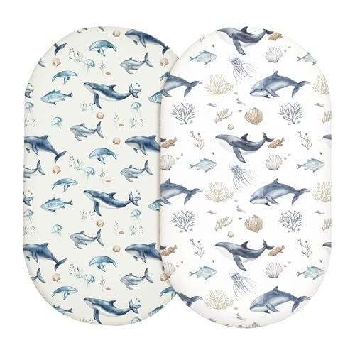 Image of Bassinet Sheets for Baby Girls Boys 2 Pack, Fitted Baby Mattress Sheet for Rectangle, Oval, Hourglass Bassinet Mattress, Breathable Cozy & Universal Fit (Aquatic Adventures, Bassinet Sheet)