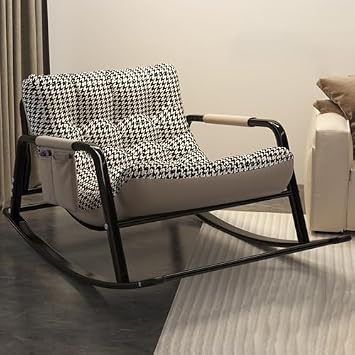 Patio Outdoor Rocking Chair, Rocking Chair with Padded Cushion, Oversize Indoor Reading Chair, Modern Lounge Chair, Comfy Rocking Loveseat Chair for Patio, Porch, Living RoomOff-white houndstooth