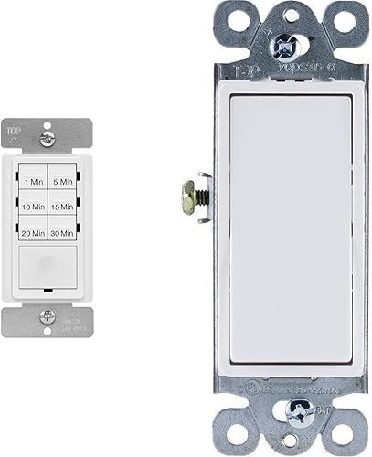 ENERLITES Interruptor de temporizador de cuenta regresiva para ventiladores de baño y luces del hogar, HET06A-R-W, interruptor basculante de paleta