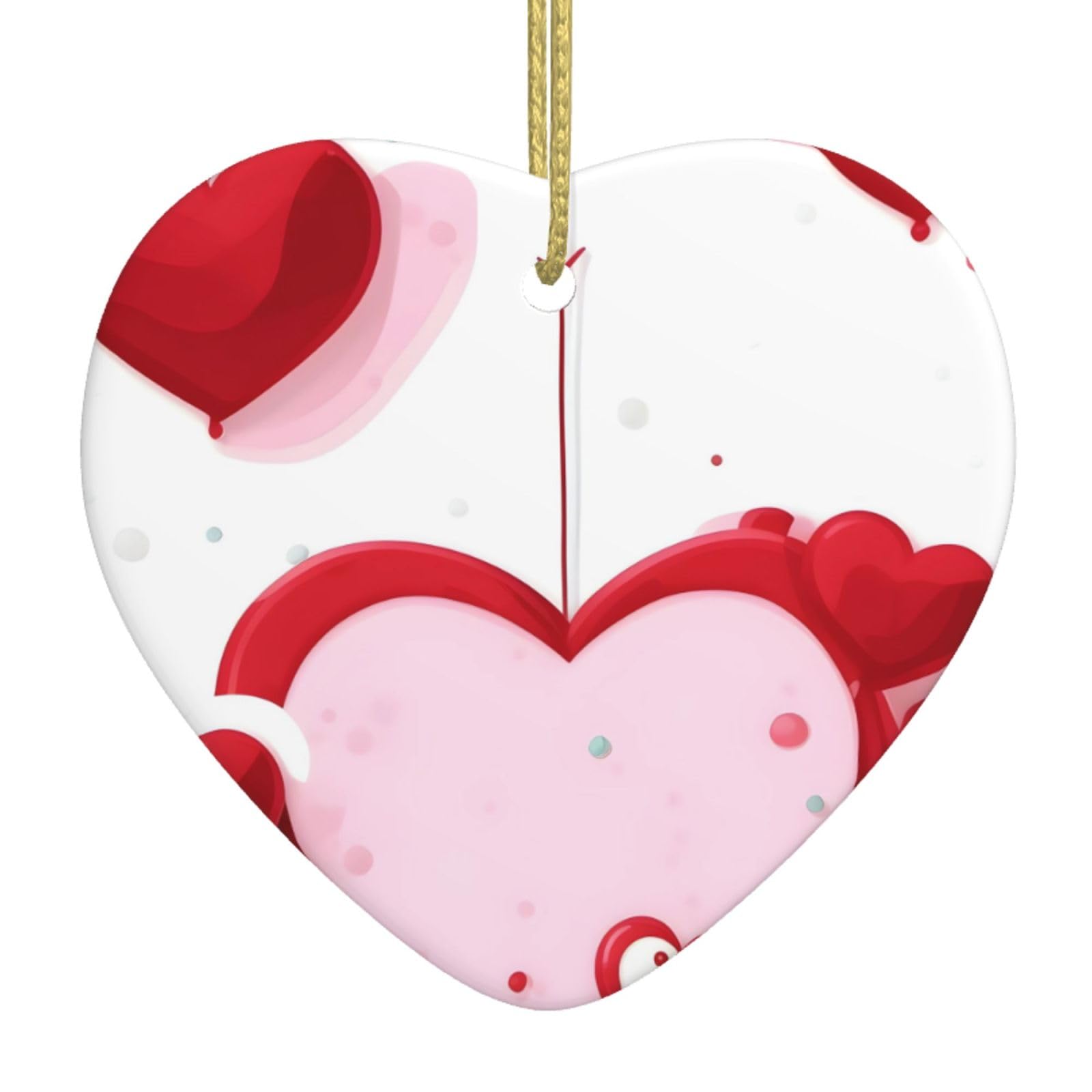 Little Red Heart Ceramic Christmas Heart Pendant with Silk Thread, Christmas Tree Home Decoration