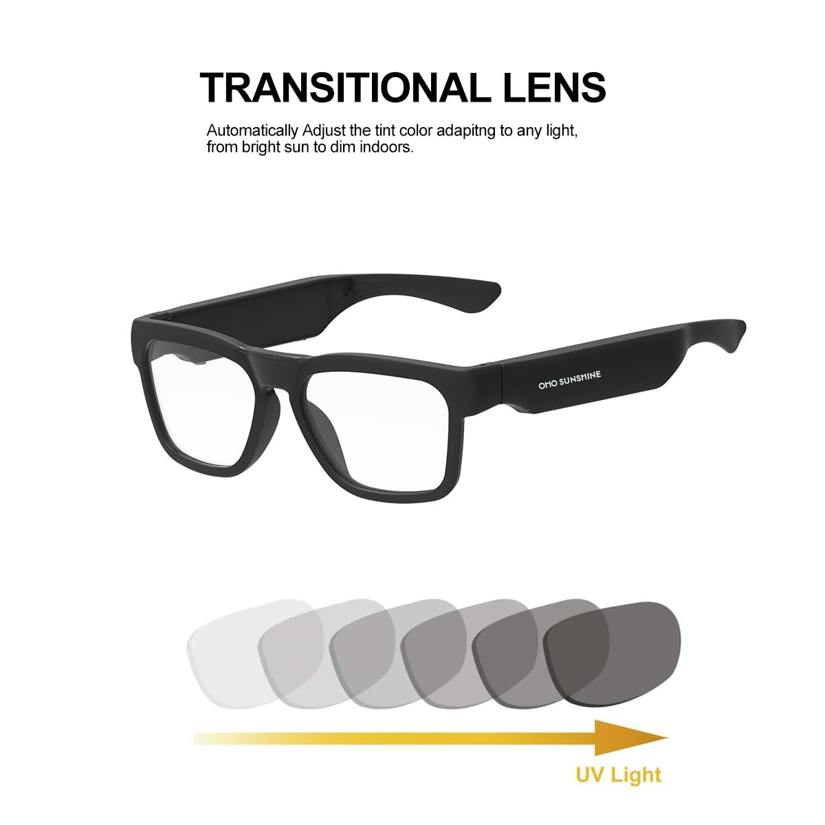 OhO Lunettes de soleil intelligentes, MP3 Bluetooth 128 G avec casque à oreilles ouvertes, sports d'intérieur et d'extérieur, protection UV polarisée, pour homme et femme, 128 Go - Noir - Transition -