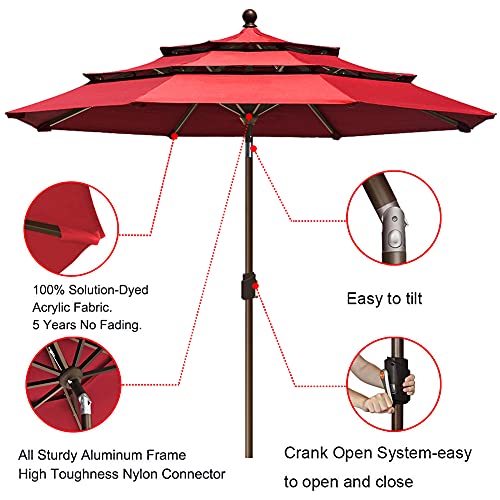 EliteShade USA sunumbrella 9Ft 3 Tiers Market Umbrella Patio Umbrella Outdoor Table Umbrella with Ventilation and 5 Years Non-Fading Top,Logo Red - Thumbnail 3