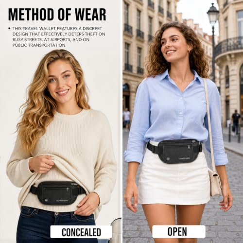 Image of travel inspira RFID Hidden Money Belt Slim Anti Theft Travel Wallet | Passport Holder for Travel Concealed under Clothes for Ultimate Protection of Credit Cards, Cash, Passport & Documents, Black