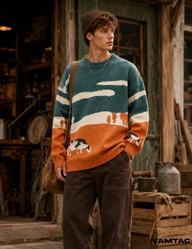 Image of Vamtac Mens Oversized Sweater Vintage Graphic Pullover Crewneck Knit Jumper Y2K Unisex Streetwear 2026 Fall Tops