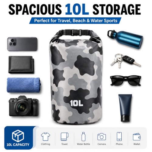 Image of Waterproof Dry Bag with Phone Case, 2L /3L /5L /10L /15L /20L /30L, Floating and Lightweight Bags for Kayaking Rafting Boating River Trekking-Multi Color (10 Liter Grey)