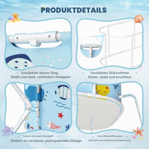 Faltbare Badewanne für Dusche, 92L x57W x 56H cm, freistehende Badewanne mit Sitz, Warmwasserdusche, Eisbad, Sauna, Massagewanne, tragbares Eisbad für Erwachsene (hellblau Ozean-Stil)