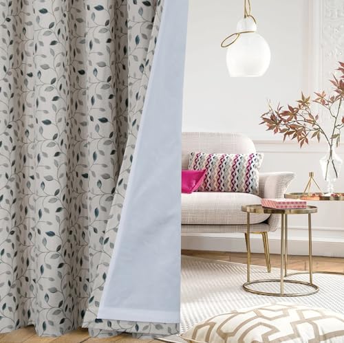 always4u Floral Jacquard Curtains Pencil Pleat Lined Curtain for Living Room/Bedroom/Kitchen Room Darkening Blue Leaf Window Decoration Drapes 1 Pair W66*L90 Inches