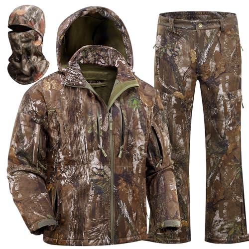 Men’s Cold Weather Camo Hunting Suit, Quiet Fleece-Lined Jacket & Pants Set with Face Mask, Suitable for Hunting
