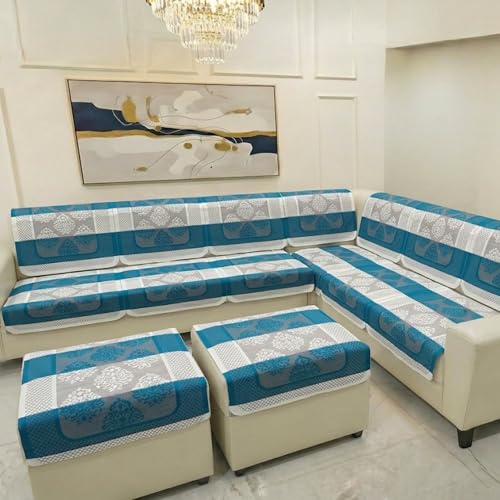 Image of Fab Nation Sofa Cover L Shape 7 Seater with Corner L Type Fully Covered Sofa Set for Living Room | Cotton Sofa Slipcovers for 4 + 3 Seaters Cover + 2 Setty Cover Set | Turquoise Blue