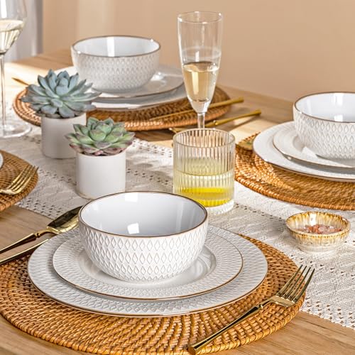 Image of GBHOME Ceramic Dinnerware Sets, 24 pcs Embossed Elegant Stoneware Plates and Bowls Sets, Housewarming Wedding Gift | Dishwasher & Microwave Safe | Dishes Set Service for 8