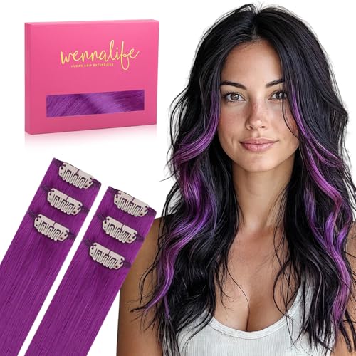 WENNALIFE Purple Clip in Hair Extensions Real Human Hair 35g 6pcs 24 Inch Colored Hair Extensions for Kids Women Colorful Hair Pieces Pop-up Style Straight Extensiones De Cabello Humano Con Clip