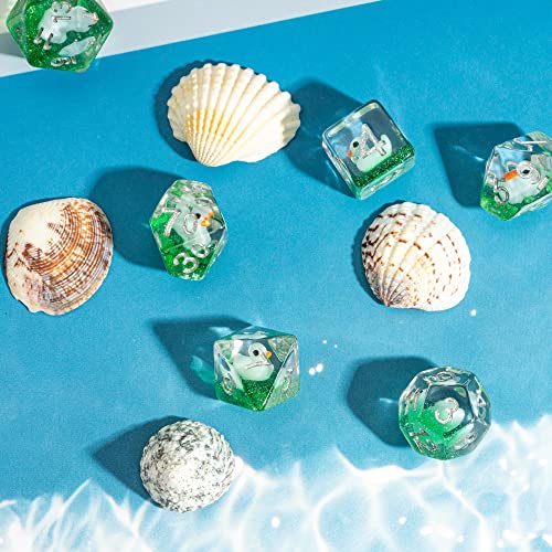 Image of cusdie 7-Die DND Dice, Polyhedral Dice Set Filled with Duck, for Role Playing Game Dungeons and Dragons D&D Dice MTG Pathfinder (Green with Blue Duck)