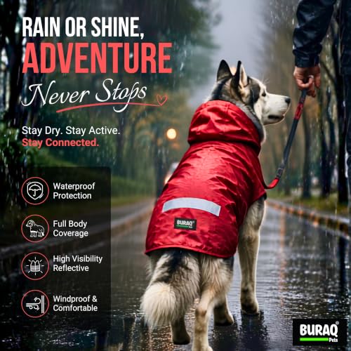 Image of Buraq Pets Dog Raincoat, Waterproof Pet Jacket with Hood & Leash Hole, Protects from Rain & Mud for Small to Large Dogs (XL - Red)