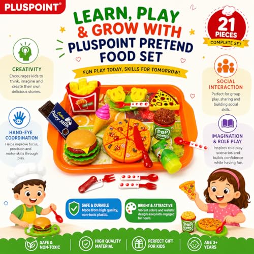 Image of PLUSPOINT Pizza Party Fast Food Set Realistic Pizza Pretend Play Barger Fries and ice Cream with Tray Food Toy | Best Gifts Food playset for Boys Girls Kids 4yr+