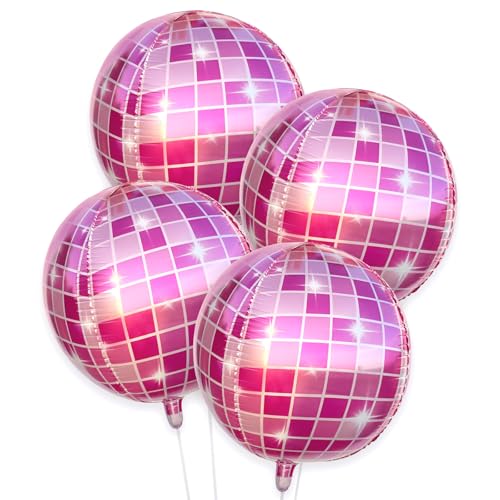Image of Pink Disco Ball Balloons Cowgirl Birthday Party Decorations Last Disco Bachelorette Party Supplies 4D Disco Balloons (Set of 4)