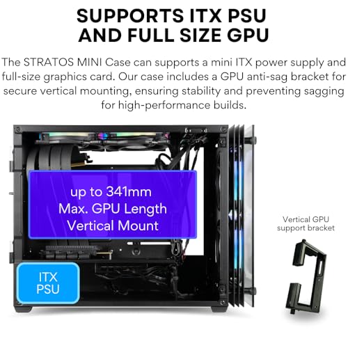 Gabinete para PC Gaming Stratos SFF: Mini-ITX, compatible con fuente SFX, cable riser PCIe 4.0, preparado para refrigeración AIO de 240 mm, con 4 ventiladores ARGB PWM (600-2000 rpm) y controlador incluido, soporte para GPU de triple ranura (125 mm) miniatura 6