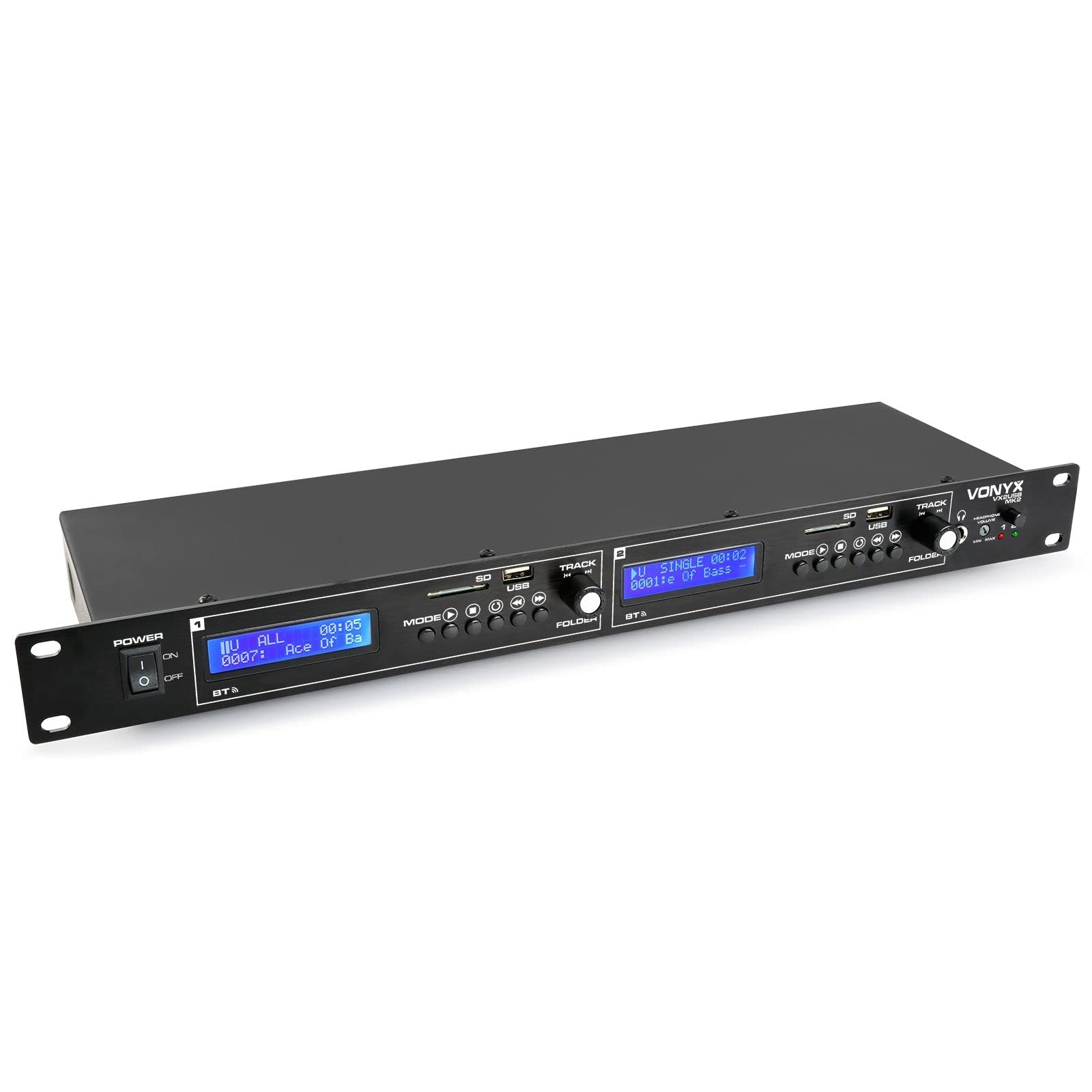 Vonyx VX2USB MK2 Doble Reproductor Multimedia. 2 Canales con Receptor Bluetooth Dual. Reproductor USB MP3, Entrada Tarjeta SD, Salida Mixta, Formato Rack de 19", Salida de Auriculares con Volumen