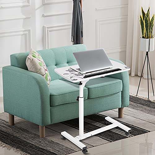 Tavolino Portatile per Computer con Ruote, Altezza Regolabile, Forma a C, Struttura in Metallo, per Letto e Divano, Uso Domestico e Ufficio, Bianco