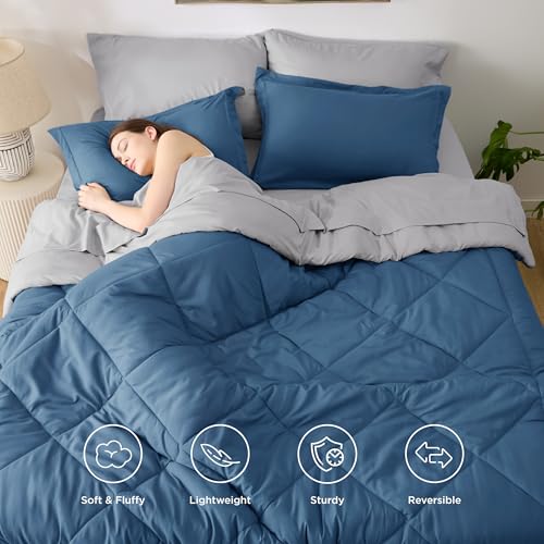 Image of Bedsure California King Comforter Set - 7 Pieces Reversible Slate Blue Bedding, California King Size Bed Set for All Seasons, Bed in a Bag with Down Alternative Comforter, Sheets, Pillowcases & Shams