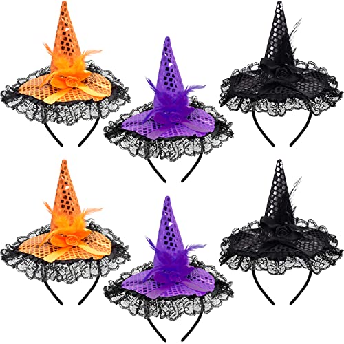 ZeeDix 6 Pcs Halloween Witch Feather Hat Headband- Cute Witch Headpiece for Halloween Costume Dress up Masquerade Supplies(Orange, Purple, Black)