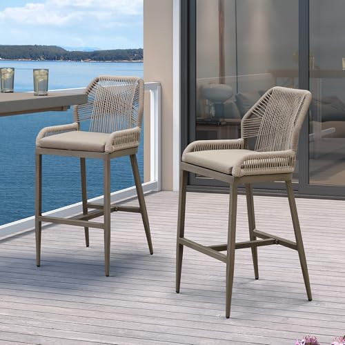 PURPLE LEAF Patio Sunbrella Bar Stools 28" H Set of 2 Handwoven Wicker Bar Height Stool Modern Aluminum High Bar Chairs Outdoor Wicker Barstools with Back and Cushion for Kitchen Pool Island