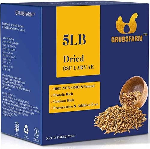 GRUBSFARM Premium Dried Black Soldier Fly Larvae for Chickens 5LBS - Superior to Mealworms - 85X More Calcium Than Meal Worms - Molting & Laying Hens Supplement - Non-GMO BSF Larvae Treats for Ducks