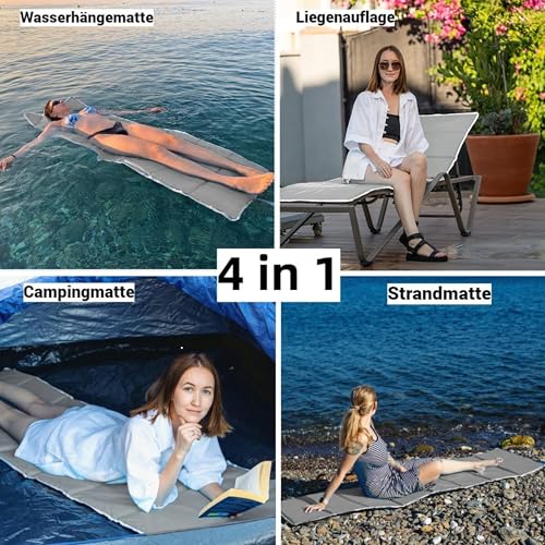 4in1 Strandmatte von StarK® - Faltbare Camping Isomatte 190cm x 60cm - Wasserhängematte für Pool und Strand – Gepolsterte Auflage für Gartenliege - Bequeme Sonnenliegen Auflage (Hell-Grau)