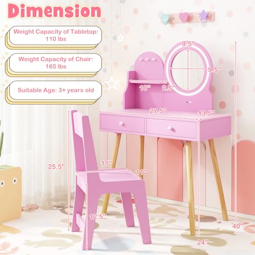 Image of HONEY JOY Kids Vanity, Little Girls Vanity Set with Mirror and Stool and Lights, Drawers, Toddler Makeup Vanity Dressing Table, Wooden Pretend Play Kids Vanity Table and Chair Set (Pink)
