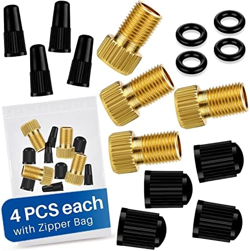HiLo sports Presta Valve Adapter [Pack of 4 + 8 Caps] Including Valve Caps & Additional Sealing Sings - Convert Presta to Schrader - Bike Pump Adapter Set