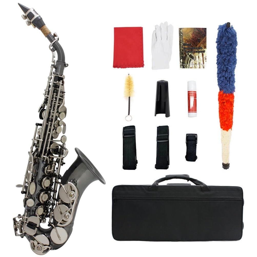 Sassofono soprano curvo in Si bemolle for studenti principianti principianti, sax si bemolle con custodia, bocchino, pastiglie, ance, kit di pulizia, tracolla, guanti bianchi