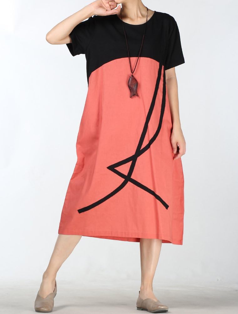 Minibee Women's Linen Casual Dress Summer Short Sleeve Midi A-line Boho Tunic Dresses with Pockets - Image 2