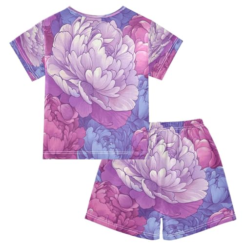Pajama Sets Short Sleeve Floral Design with Colors Soft Cotton Summer Sleepwear 2 Piece PJS Size 5-14T2
