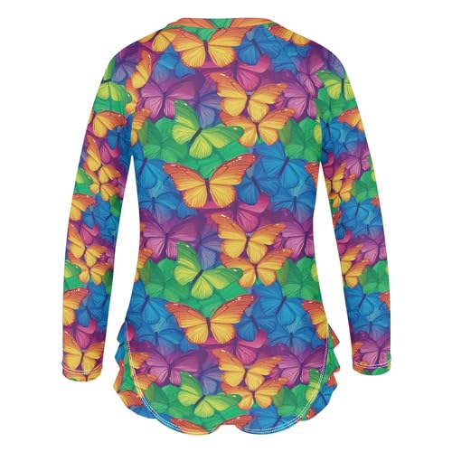 Colorful Butterfly Girls Long Sleeve Rashguard Swimsuit UV Protection One-Piece Swimwear Bathing Suit B04039883